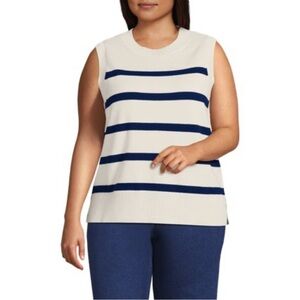 Lands' End Women's Plus Size Striped Sweater Vest - Cream and Navy